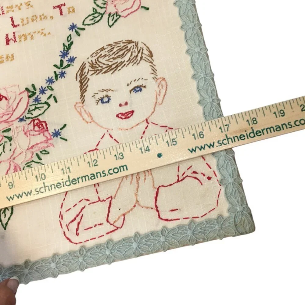 Vtg Finished Cross Stitch Crewel Prayer Now I Lay Me Down To Sleep Embroidery